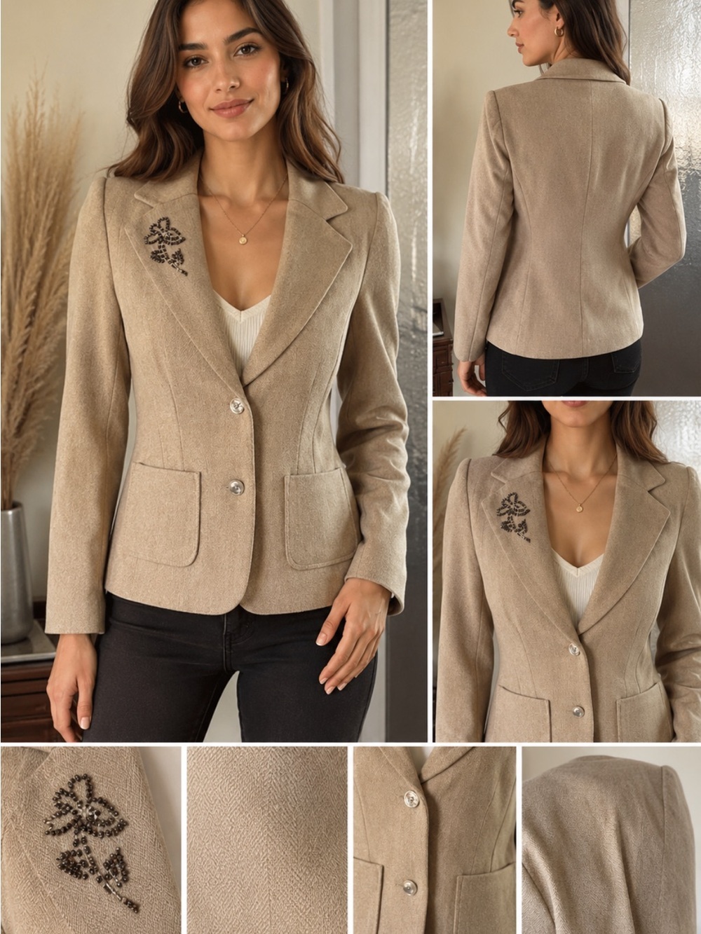 Old Navy Beige Herringbone Women's Blazer with Sequin Detail